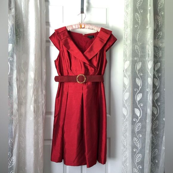 Tahari ASL cocktail Taffeta midi Dress back zipper with belt size 14 - Picture 2 of 14